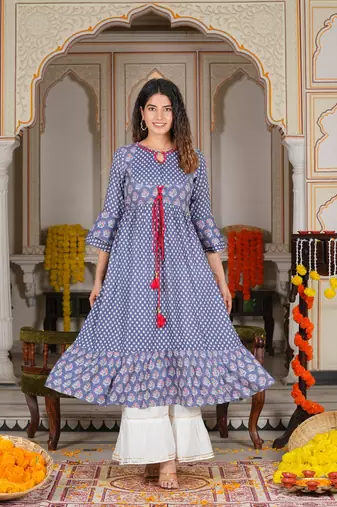 Women'S Grey Floral Printed Anarkali Kurti (Grey)