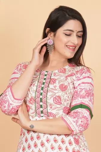 Women'S Plus Size Floral Printed Anarkali Kurti (White)