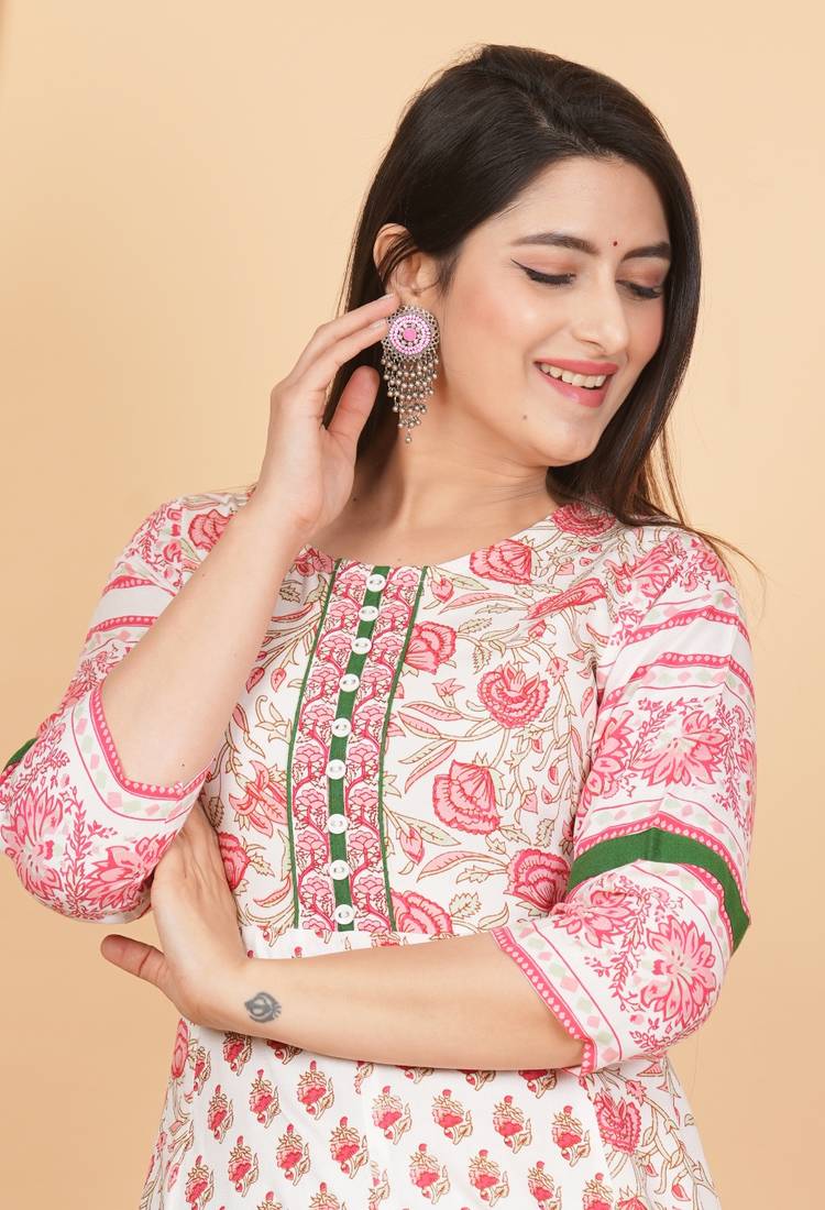 Women'S Plus Size Floral Printed Anarkali Kurti (White)