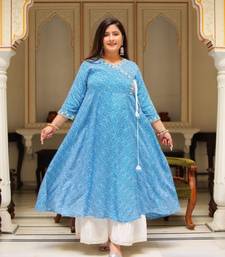 Women'S  Plus Size Lehariya Printed Anarkali Kurti(Blue)