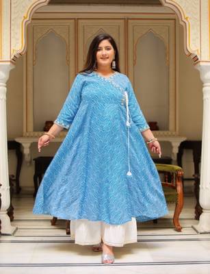 Women'S Plus Size Lehariya Printed Anarkali Kurti(Blue) 2
