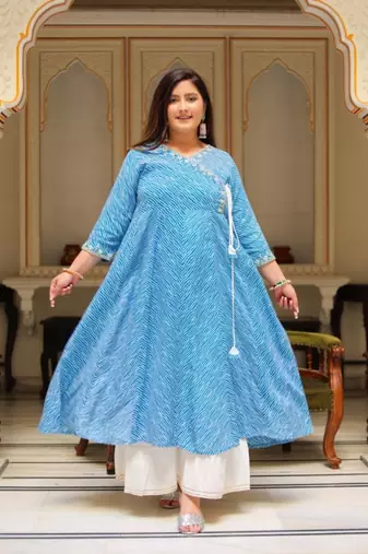 Women'S Plus Size Lehariya Printed Anarkali Kurti(Blue)