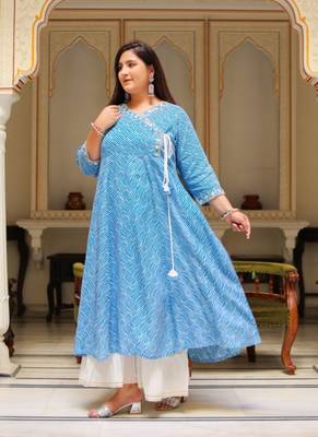 Women'S Plus Size Lehariya Printed Anarkali Kurti(Blue) 3