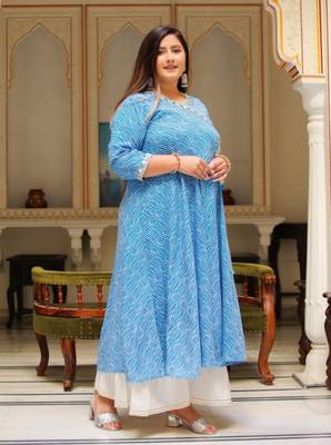 Women'S Plus Size Lehariya Printed Anarkali Kurti(Blue) 4