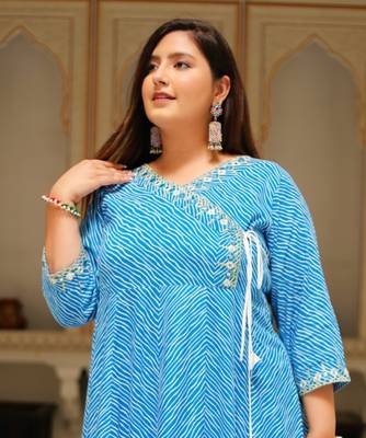 Women'S Plus Size Lehariya Printed Anarkali Kurti(Blue) 5