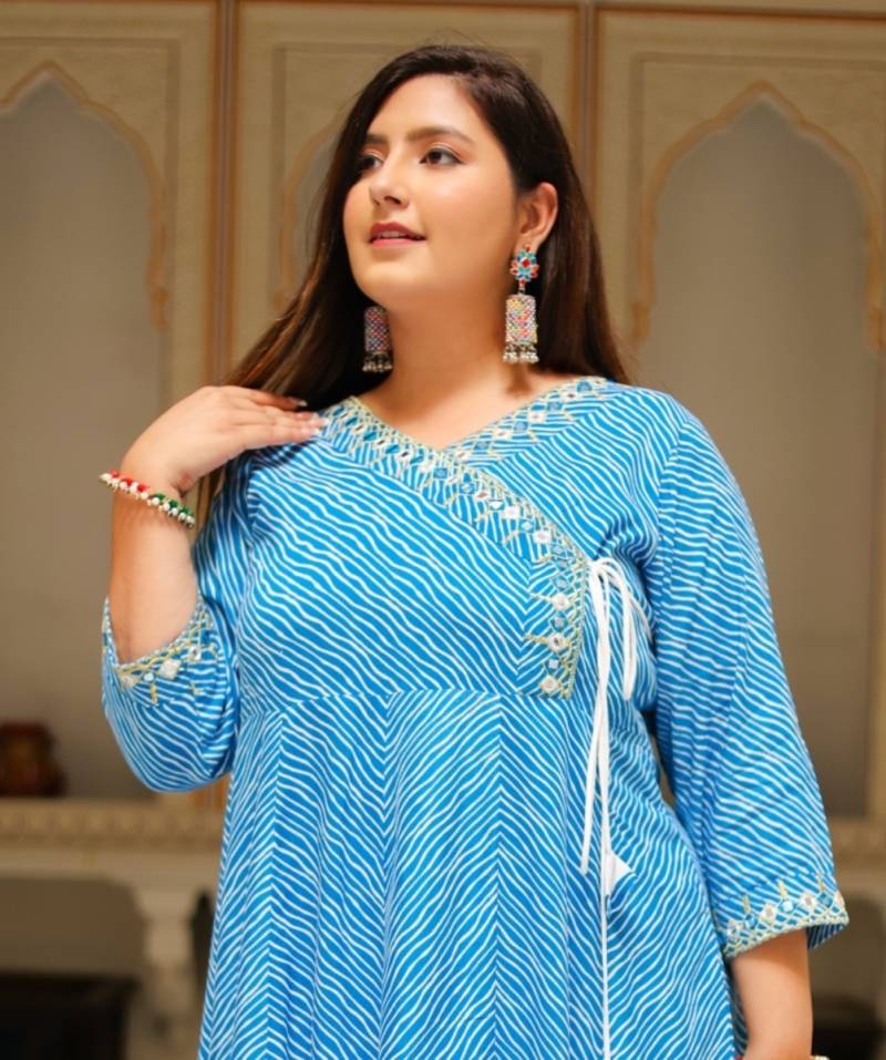Women'S  Plus Size Lehariya Printed Anarkali Kurti(Blue)