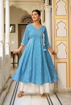 Women'S Lehariya Printed Anarkali Kurti(Blue) 2