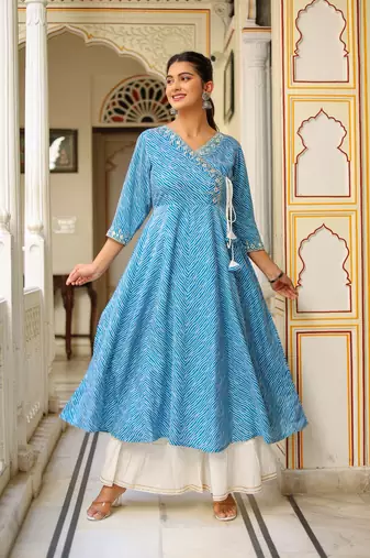 Women'S Lehariya Printed Anarkali Kurti(Blue)