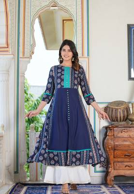 Women'S Floral Printed Embroidered A-Line Kurti (Blue) 1