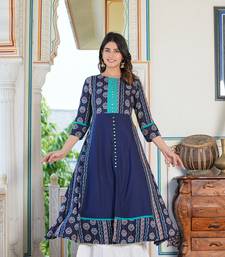 Women'S Floral Printed Embroidered A-Line Kurti (Blue)