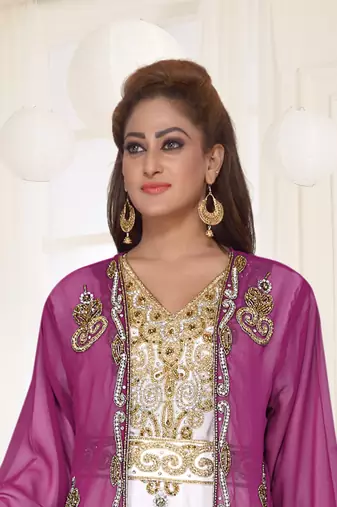 Wine & White color Full Sleeves Handmade Two Piece Jacket Style Moroccan Kaftan