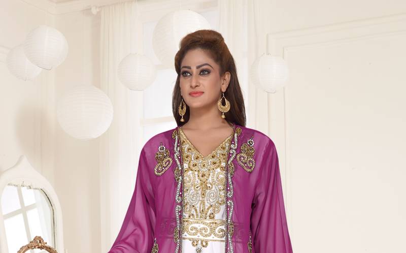 Wine & White color luxurious Full Sleeves Handmade Two Piece Jacket Style Moroccan Kaftan.