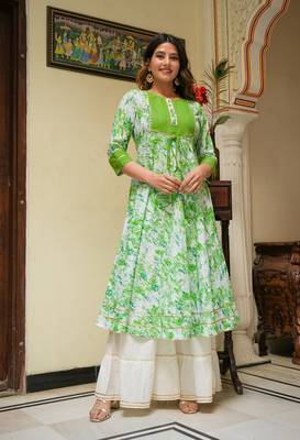 Women'S Cotton Tie & Dye Printed Anarkali Kurta (Green) 2