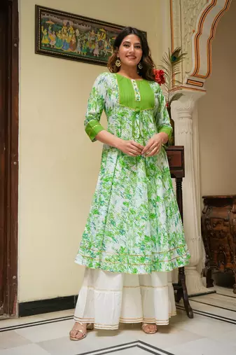 Women'S Cotton Tie & Dye Printed Anarkali Kurta (Green)