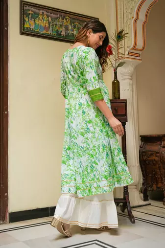 Women'S Cotton Tie & Dye Printed Anarkali Kurta (Green)