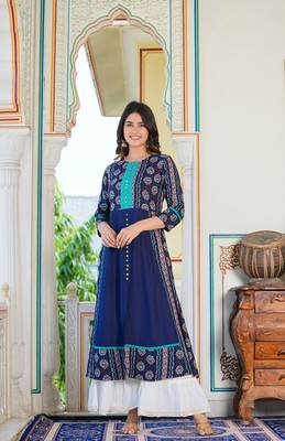 Women'S Floral Printed Embroidered A-Line Kurti (Blue) 2