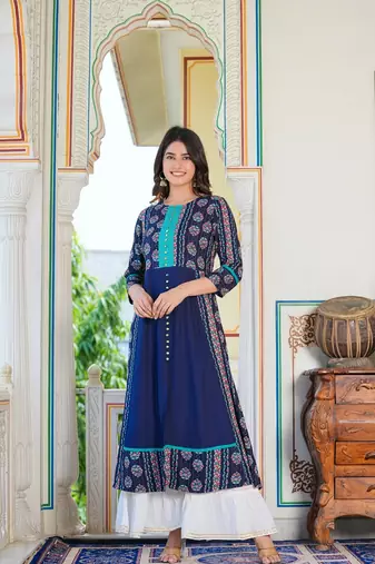 Women'S Floral Printed Embroidered A-Line Kurti (Blue)