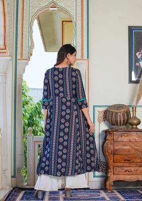 Women'S Floral Printed Embroidered A-Line Kurti (Blue) 3