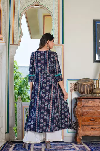 Women'S Floral Printed Embroidered A-Line Kurti (Blue)