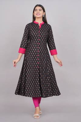 Women'S Rayon Floral Print Anarkali Kurti (Black) 1