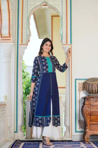 Women'S Floral Printed Embroidered A-Line Kurti (Blue)