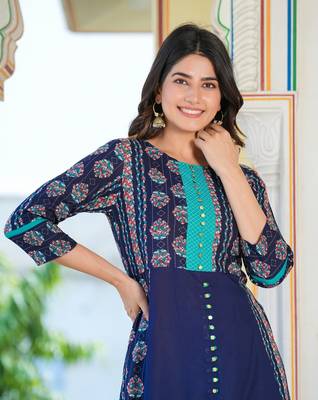 Women'S Floral Printed Embroidered A-Line Kurti (Blue) 5