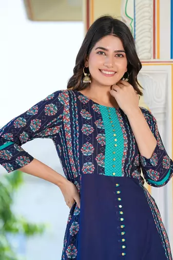 Women'S Floral Printed Embroidered A-Line Kurti (Blue)
