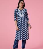 Cotton chikankari printed women's 2 pc long kurta set - blue