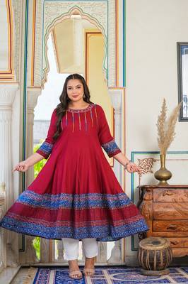 Women'S Plus Size Rayon Embroidered Anarkali Kurta (Maroon) 1