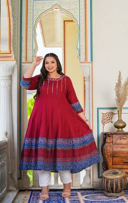 Women'S Plus Size Rayon Embroidered Anarkali Kurta (Maroon) 3