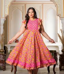 Women'S Plus Size Floral Printed Embroidered Anarkali Kurti (Pink)