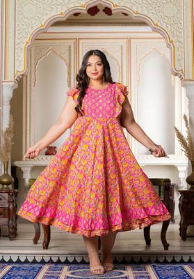 Women'S Plus Size Floral Printed Embroidered Anarkali Kurti (Pink) 2