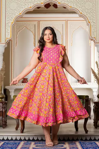 Women'S Plus Size Floral Printed Embroidered Anarkali Kurti (Pink)