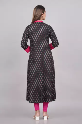 Women'S Rayon Floral Print Anarkali Kurti (Black)