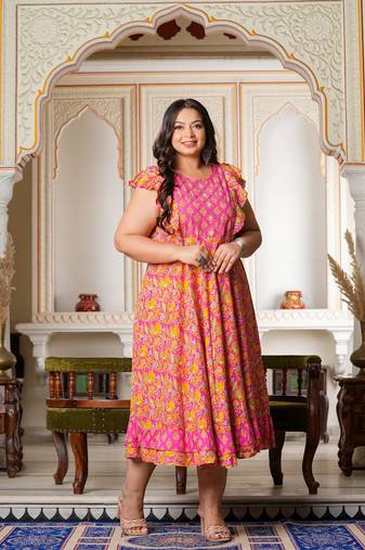 Women'S Plus Size Floral Printed Embroidered Anarkali Kurti (Pink)