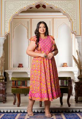 Women'S Plus Size Floral Printed Embroidered Anarkali Kurti (Pink) 1