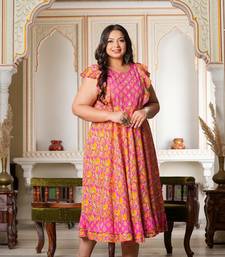 Women'S Plus Size Floral Printed Embroidered Anarkali Kurti (Pink)