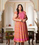 Women'S Plus Size Floral Printed Embroidered Anarkali Kurti (Pink)