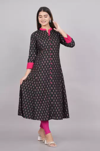 Women'S Rayon Floral Print Anarkali Kurti (Black)