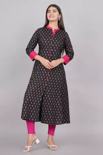 Women'S Rayon Floral Print Anarkali Kurti (Black)