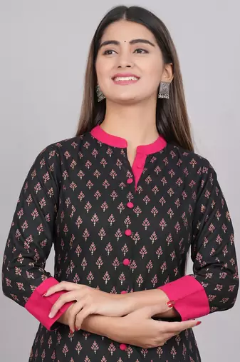 Women'S Rayon Floral Print Anarkali Kurti (Black)