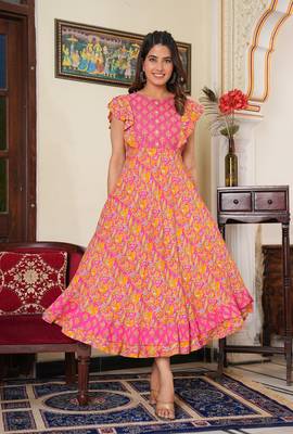Women'S Floral Printed Embroidered Anarkali Kurti (Pink) 2