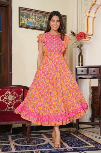 Women'S Floral Printed Embroidered Anarkali Kurti (Pink)