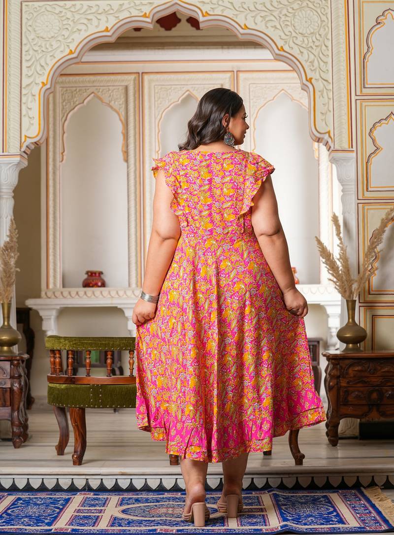 Women'S Plus Size Floral Printed Embroidered Anarkali Kurti (Pink)