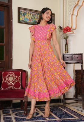 Women'S Floral Printed Embroidered Anarkali Kurti (Pink) 3