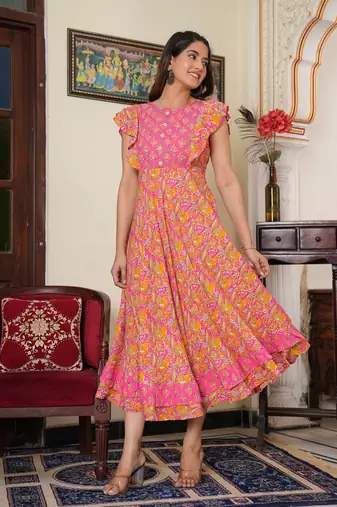 Women'S Floral Printed Embroidered Anarkali Kurti (Pink)