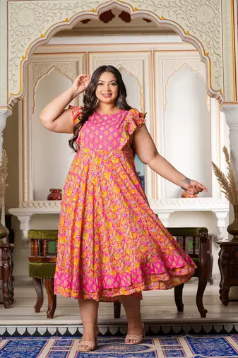 Women'S Plus Size Floral Printed Embroidered Anarkali Kurti (Pink)