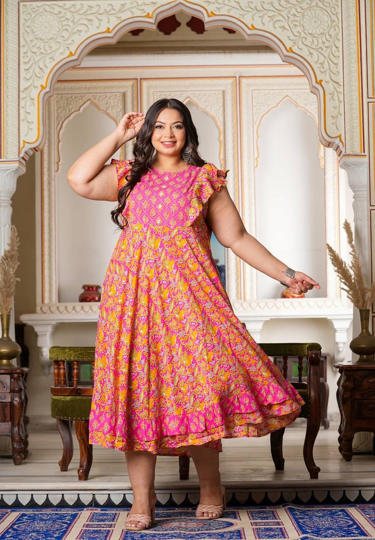 Women'S Plus Size Floral Printed Embroidered Anarkali Kurti (Pink)
