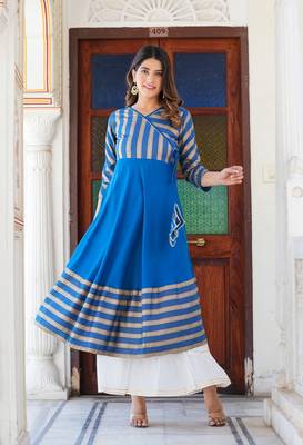 Women'S Rayon Stripe Printed Anarkali Kurti (Blue) 2