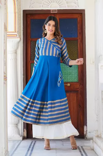 Women'S Rayon Stripe Printed Anarkali Kurti (Blue)